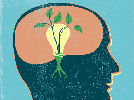 Illustration of a human brain with plant growing
