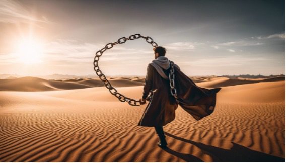 A man, robed in a cloak, walking in a desert